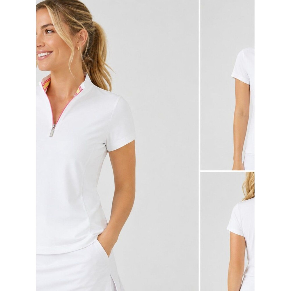 EP Pro Tour Dry White Golf Top Medium 1/4 Zip Pink Trim Short Sleeve